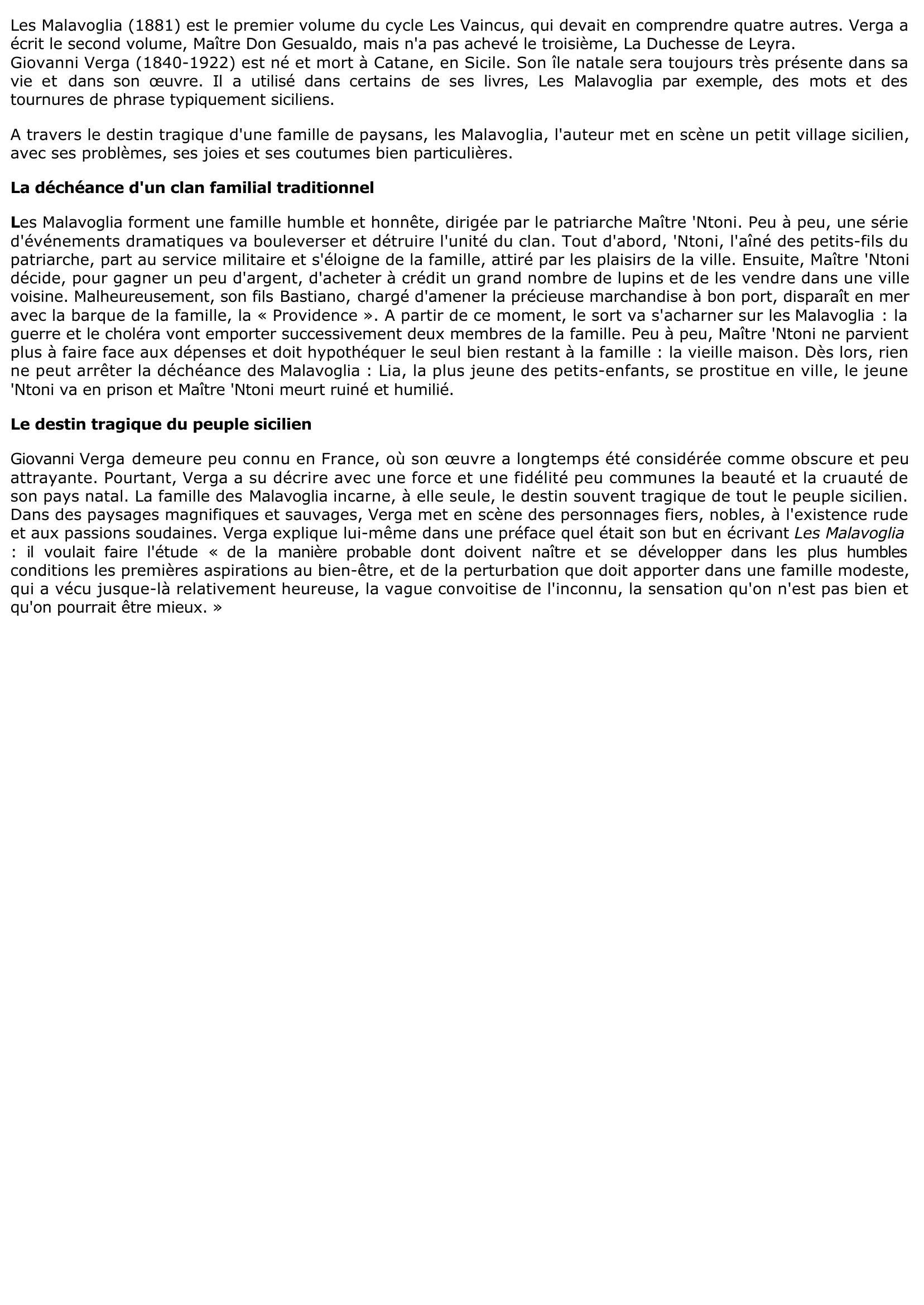 Prévisualisation du document Giovanni VERGA: Les Malavoglia (Résumé & Analyse)
