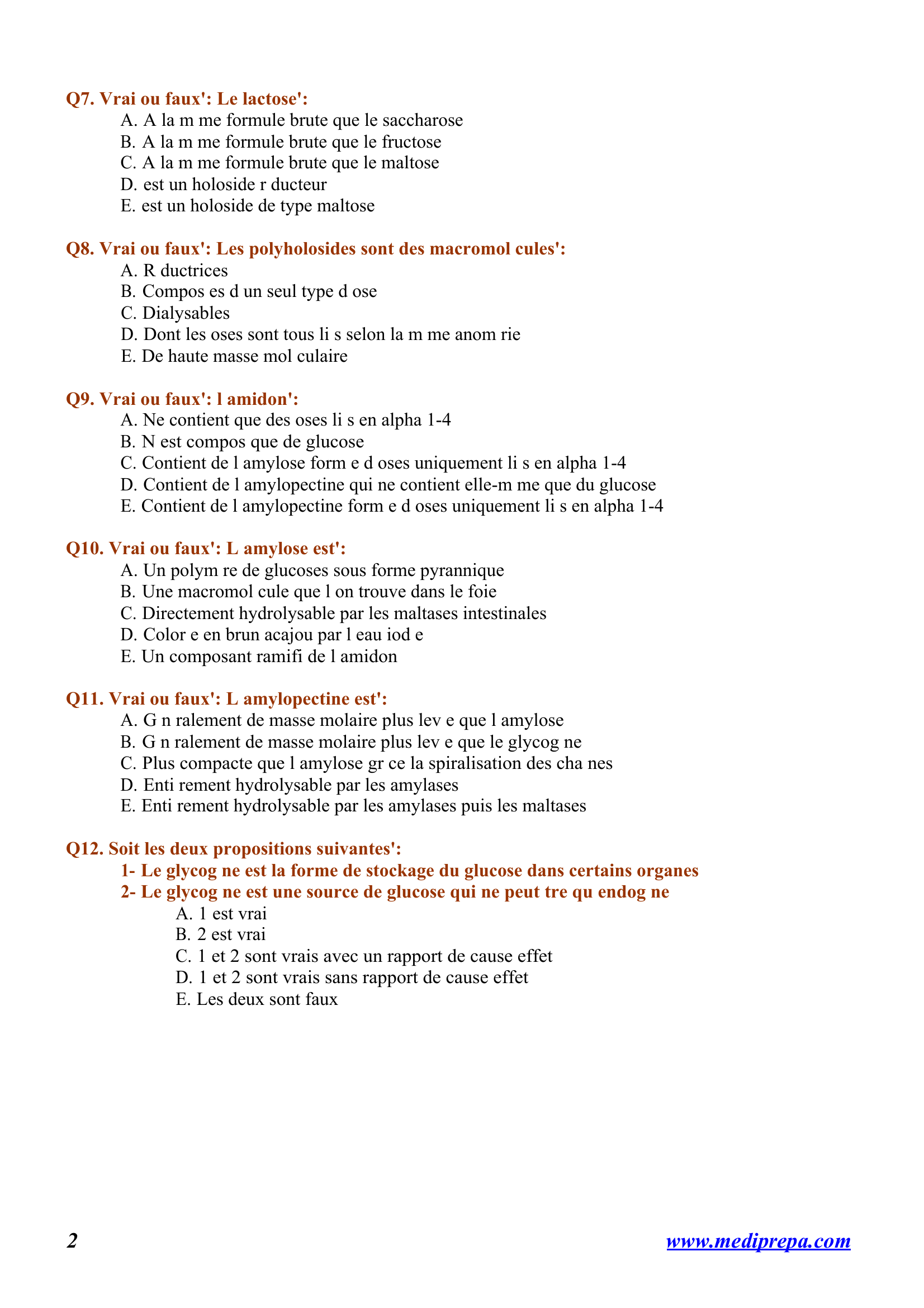 Prévisualisation du document GLUCIDES: LES HOLOSIDES - 12 QCM CORRIGES