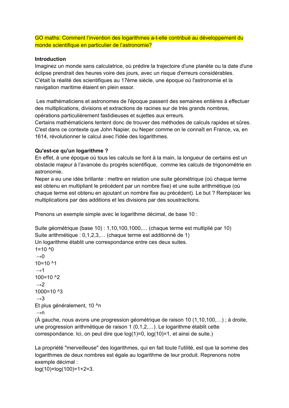 Prévisualisation du document GO maths: Comment l’invention des logarithmes a-t-elle contribué au développement du monde scientifique en particulier de l’astronomie?