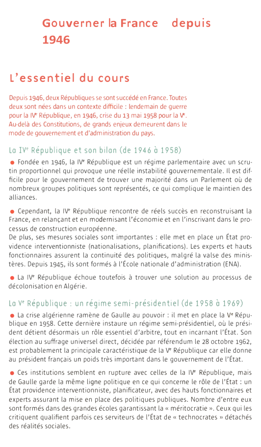 Prévisualisation du document Gouverner la France
1946

depuis

L'essentiel du cours
Depuis 1946, deux Républiques se sont succédé en France. Toutes
deux sont...
