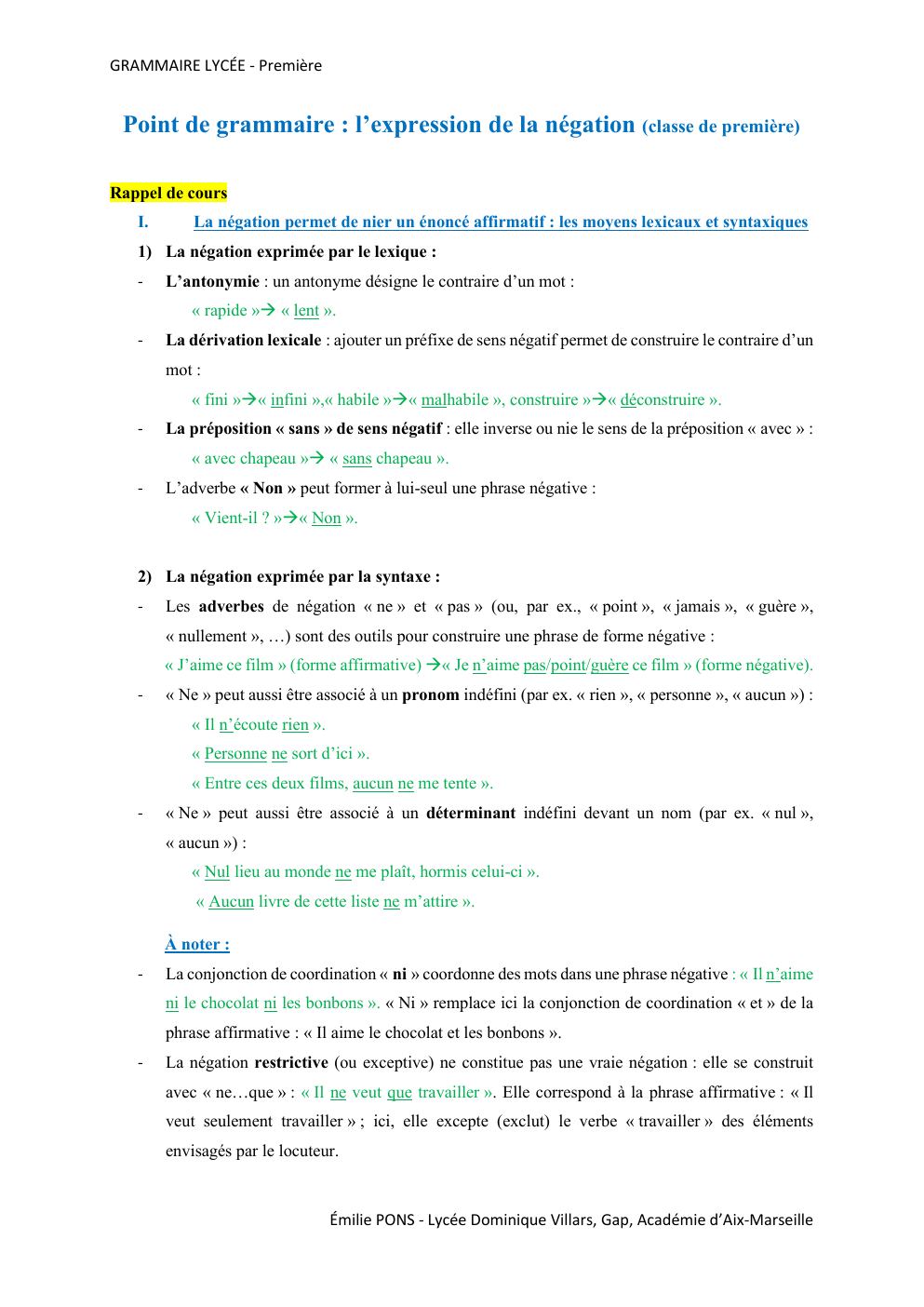 Prévisualisation du document GRAMMAIRE LYCÉE - Première  Point de grammaire : l’expression de la négation (classe de première)