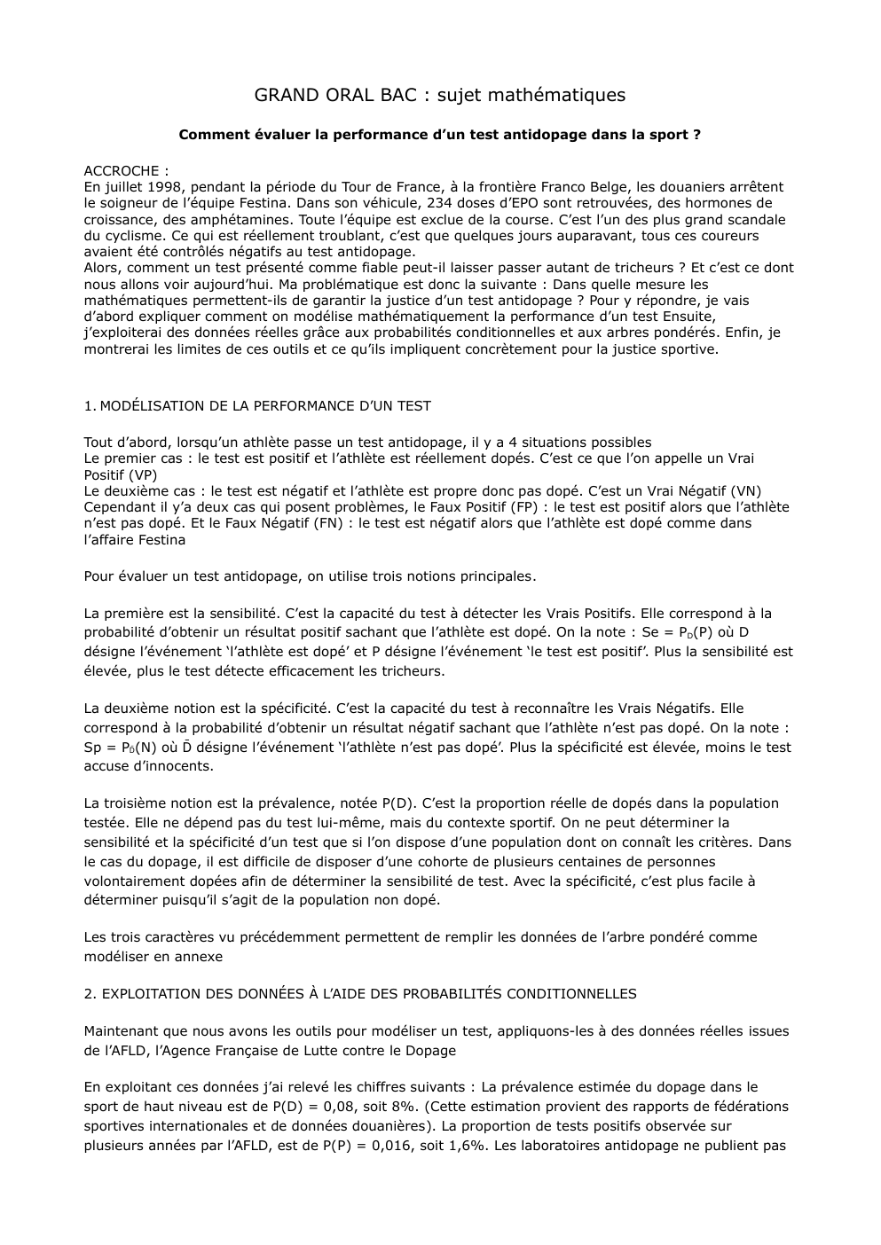 Prévisualisation du document GRAND ORAL BAC : sujet mathématiques Comment évaluer la performance d’un test antidopage dans la sport ?