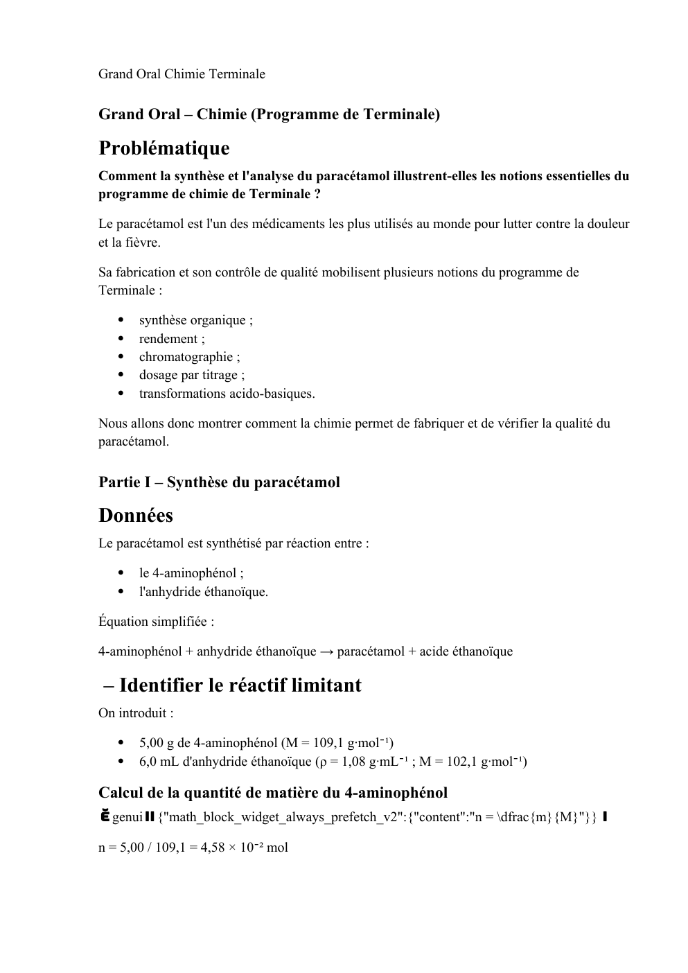 Prévisualisation du document grand oral chimie: Comment la synthèse et l'analyse du paracétamol illustrent-elles les notions essentielles du programme de chimie de Terminale ?