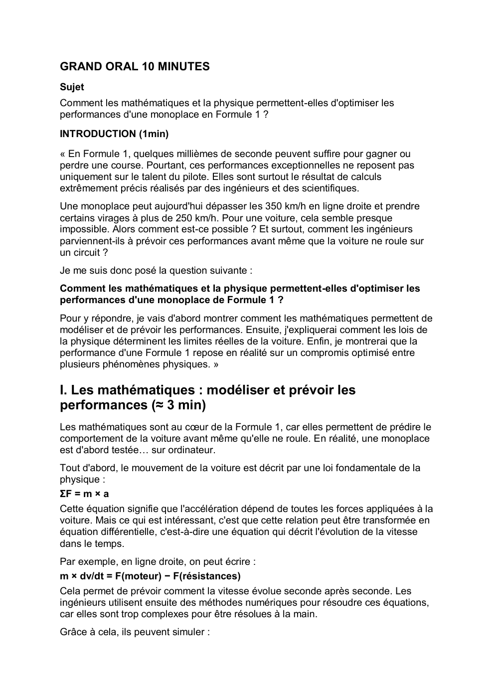 Prévisualisation du document Grand oral: Comment les mathématiques et la physique permettent-elles d'optimiser les performances d'une monoplace en Formule 1 ?