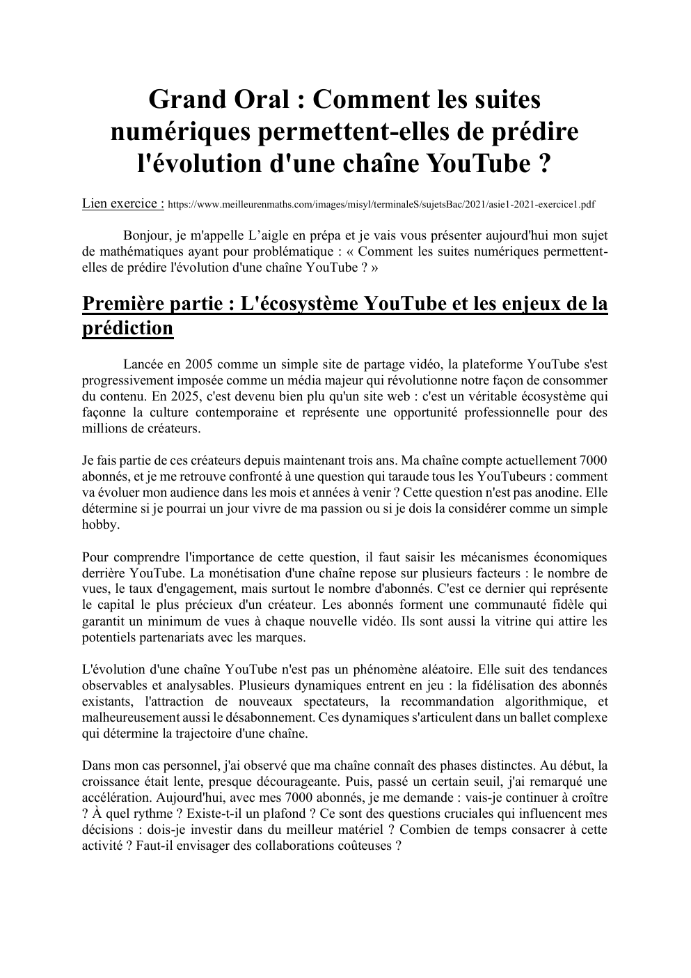 Prévisualisation du document Grand Oral : Comment les suites numériques permettent-elles de prédire l'évolution d'une chaîne YouTube ?