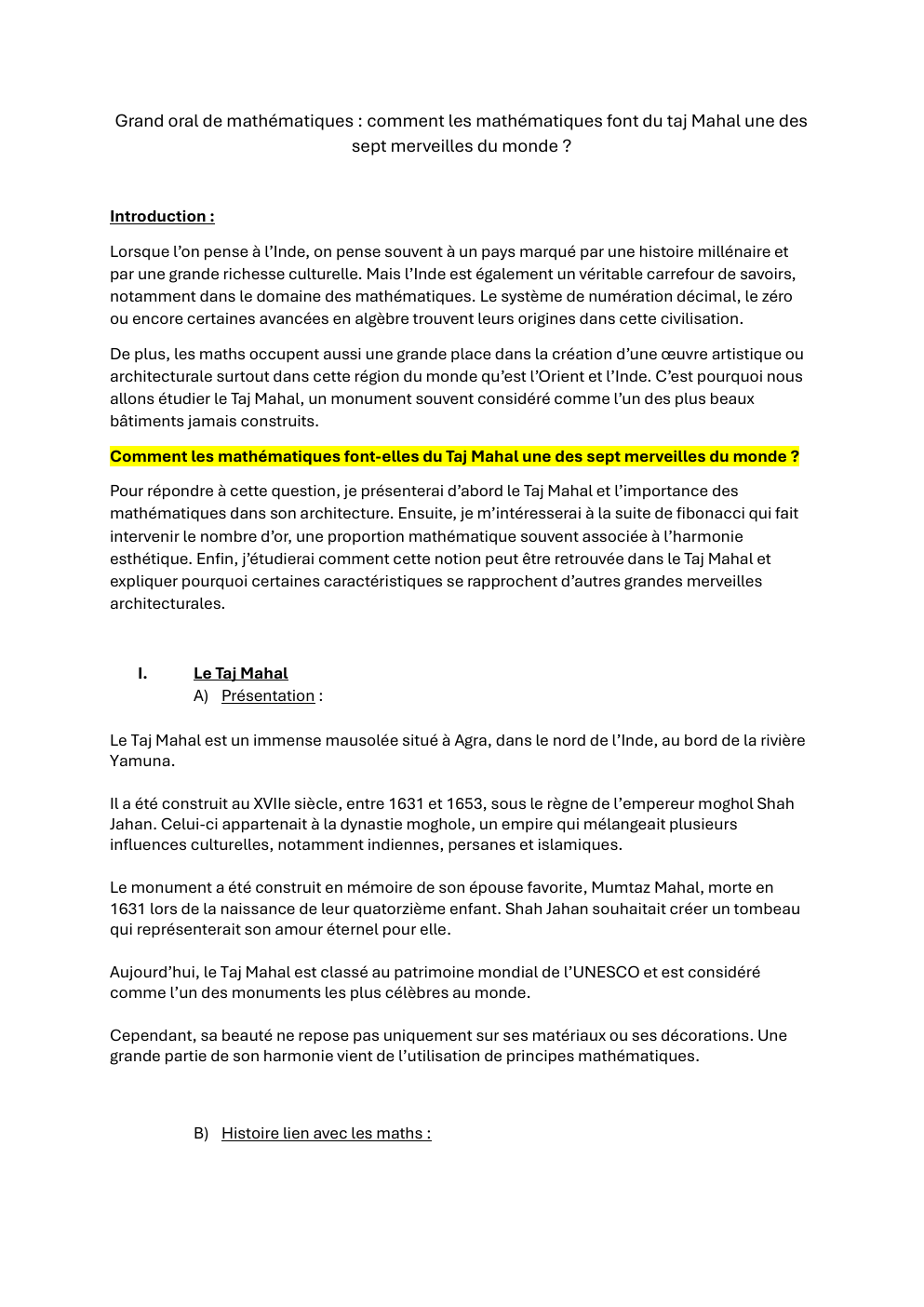 Prévisualisation du document Grand oral de mathématiques : comment les mathématiques font du taj Mahal une des sept merveilles du monde ?