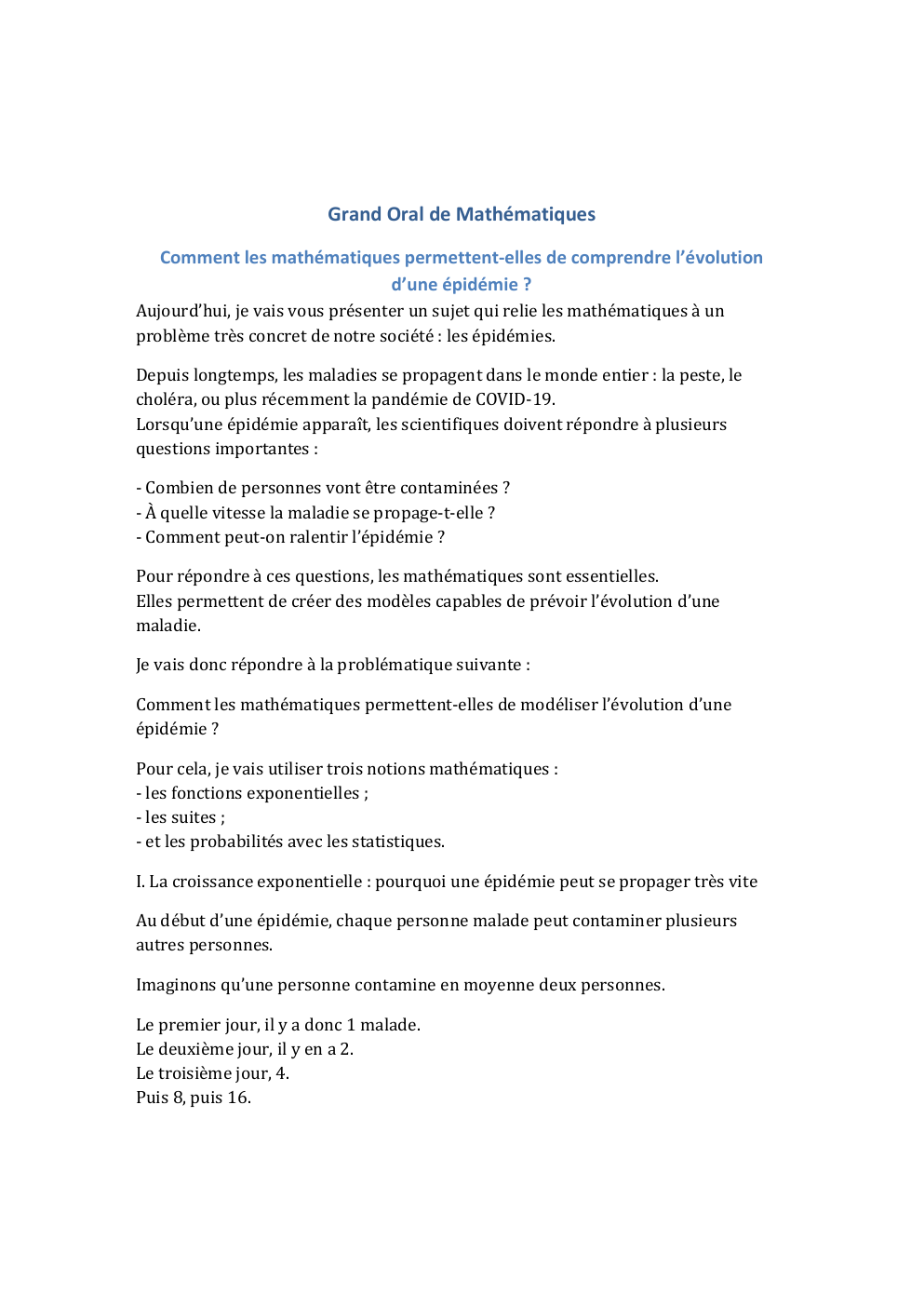 Prévisualisation du document Grand Oral de Mathématiques Comment les mathématiques permettent-elles de comprendre l’évolution d’une épidémie ?