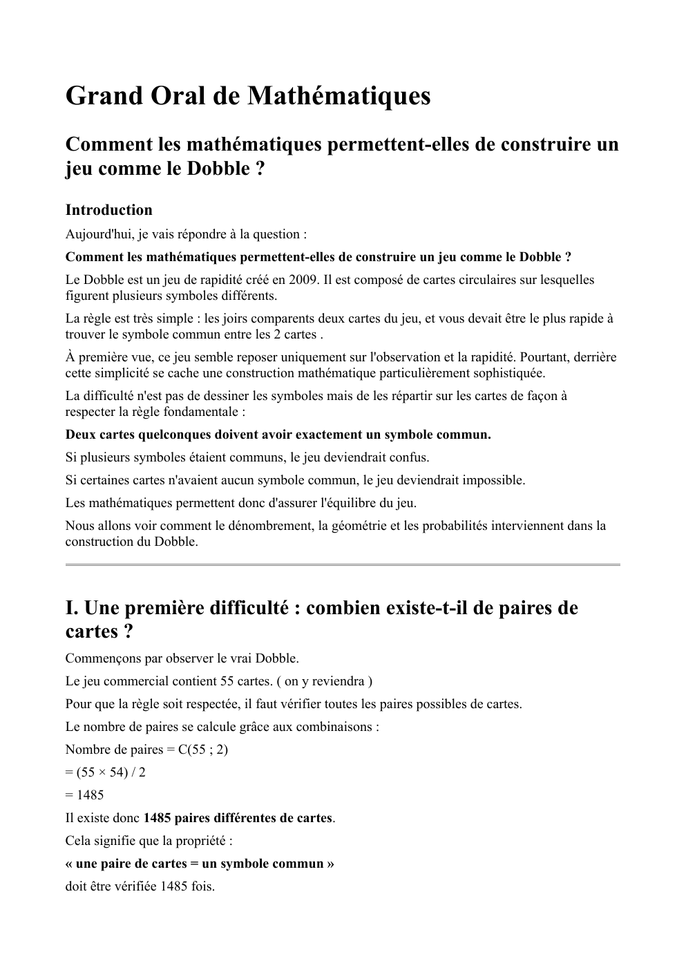 Prévisualisation du document Grand Oral de Mathématiques Comment les mathématiques permettent-elles de construire un jeu comme le Dobble ?