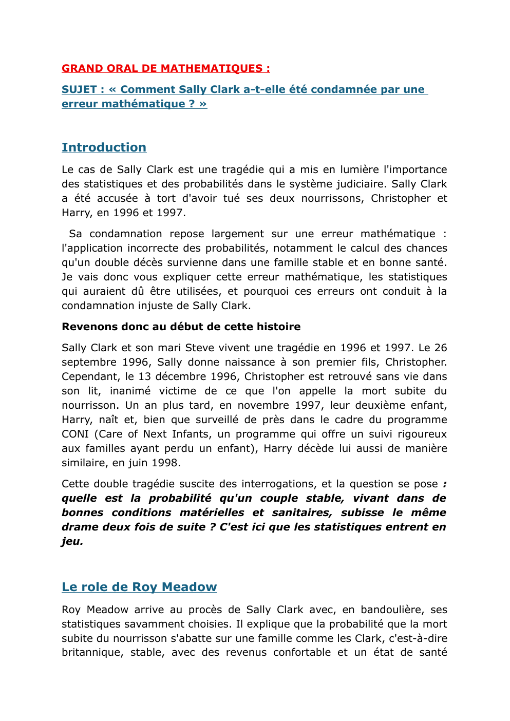 Prévisualisation du document GRAND ORAL DE MATHEMATIQUES : SUJET : « Comment Sally Clark a-t-elle été condamnée par une erreur mathématique ? »