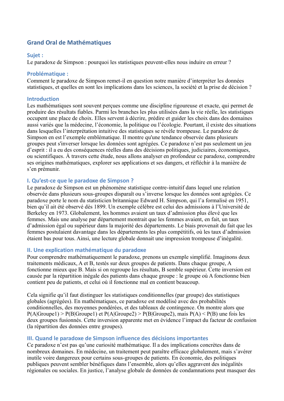 Prévisualisation du document Grand Oral de Mathématiques Sujet : Le paradoxe de Simpson : pourquoi les statistiques peuvent-elles nous induire en erreur ?