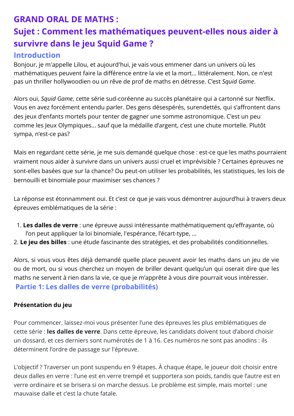 Prévisualisation du document GRAND ORAL DE MATHS : Sujet : Comment les mathématiques peuvent-elles nous aider à survivre dans le jeu Squid Game ?