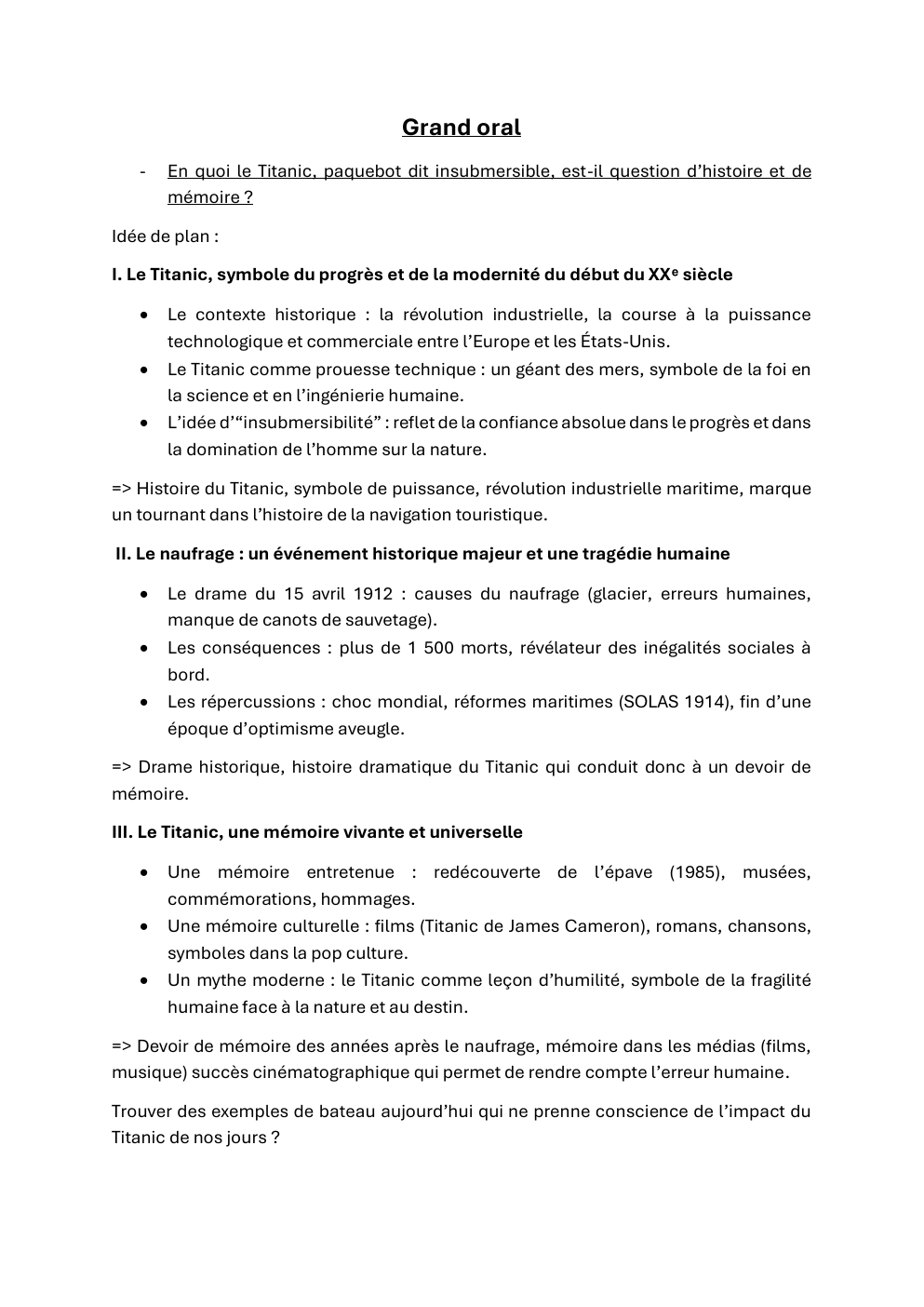 Prévisualisation du document Grand oral -  En quoi le Titanic, paquebot dit insubmersible, est-il question d’histoire et de mémoire ?