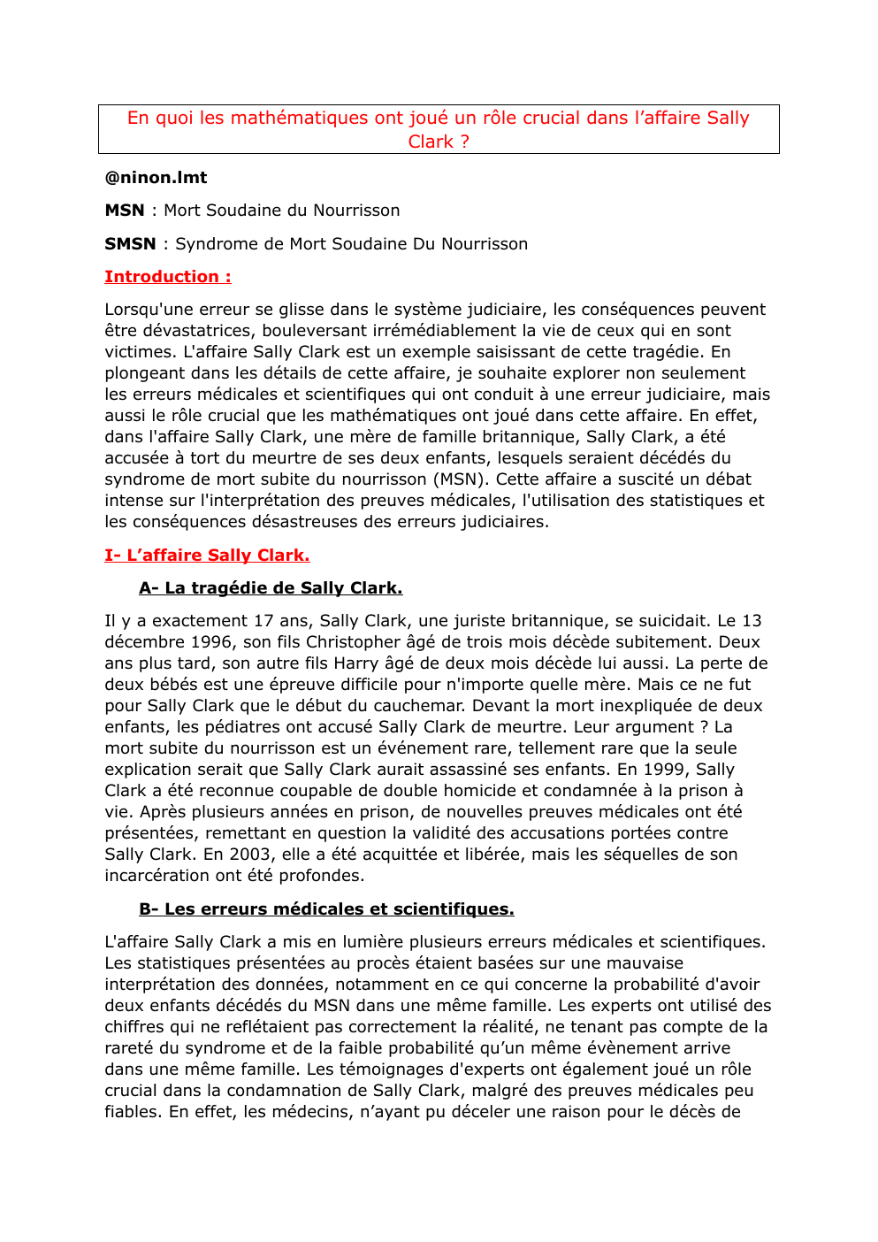Prévisualisation du document grand oral En quoi les mathématiques ont joué un rôle crucial dans l’affaire Sally Clark ?