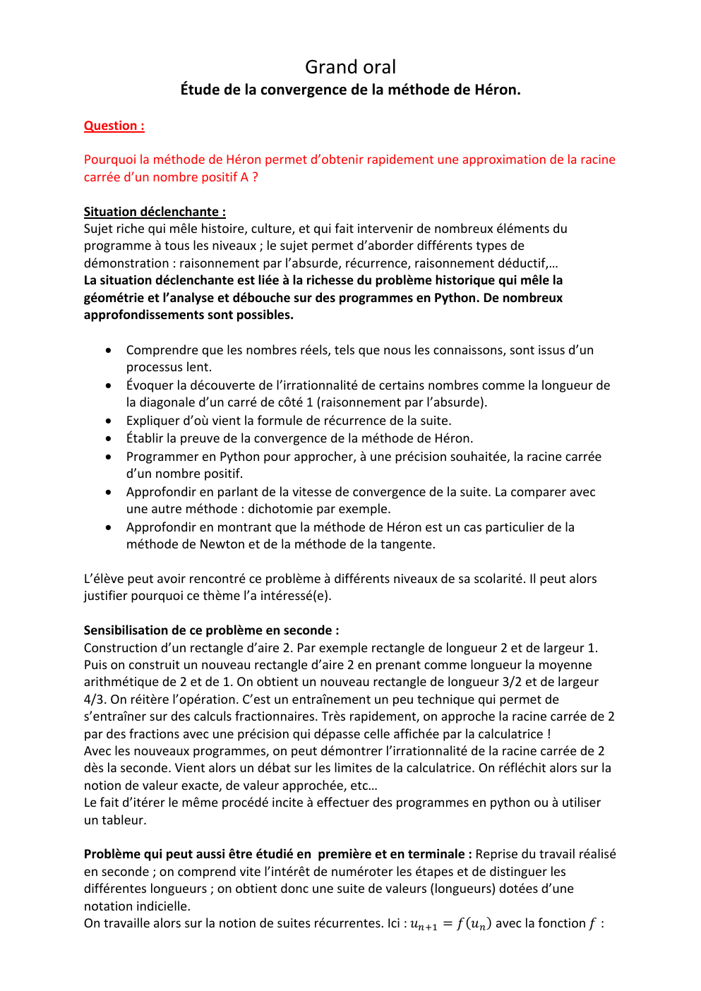 Prévisualisation du document Grand oral  Étude de la convergence de la méthode de Héron.