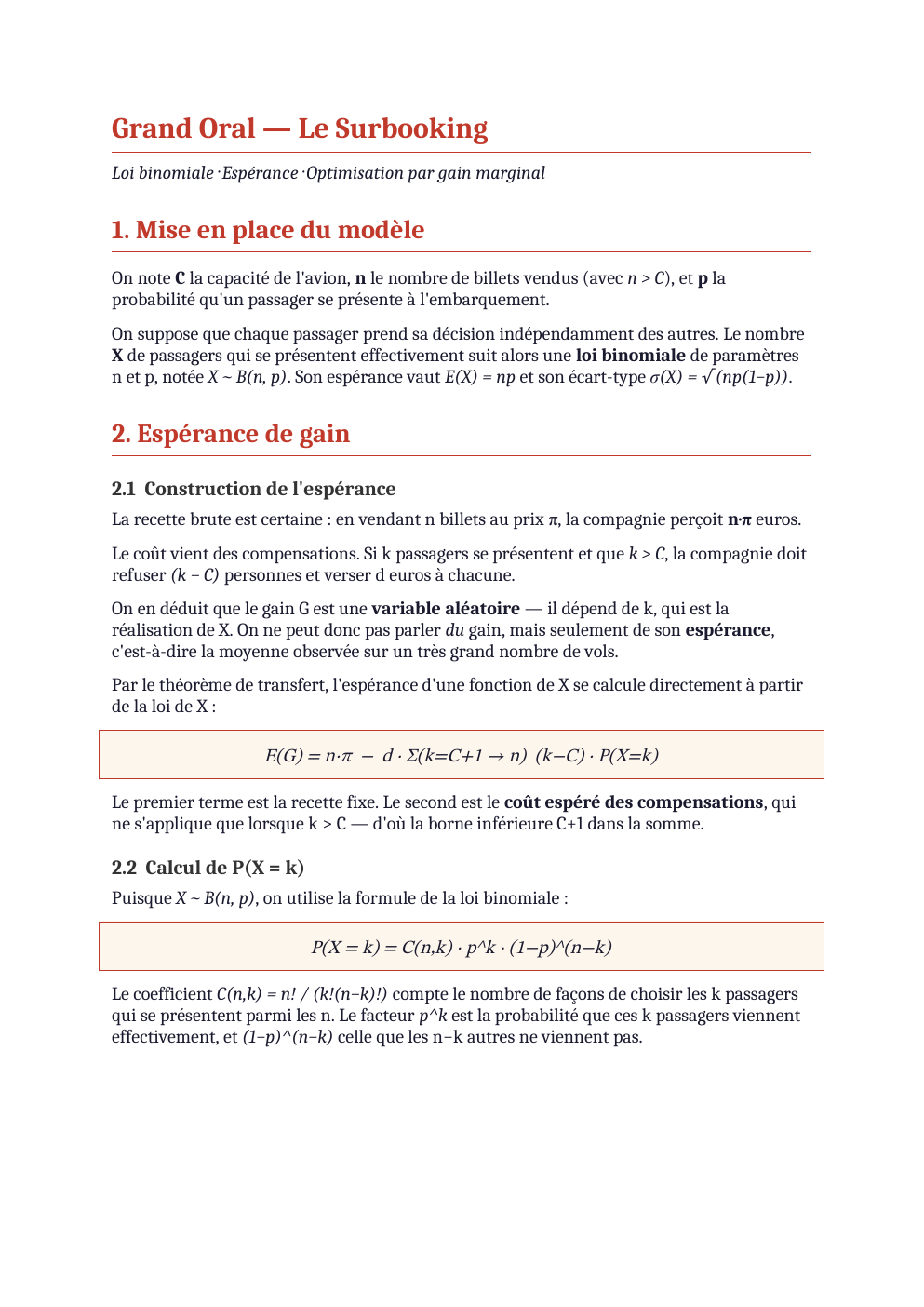 Prévisualisation du document Grand Oral — Le Surbooking Loi binomiale · Espérance · Optimisation par gain marginal