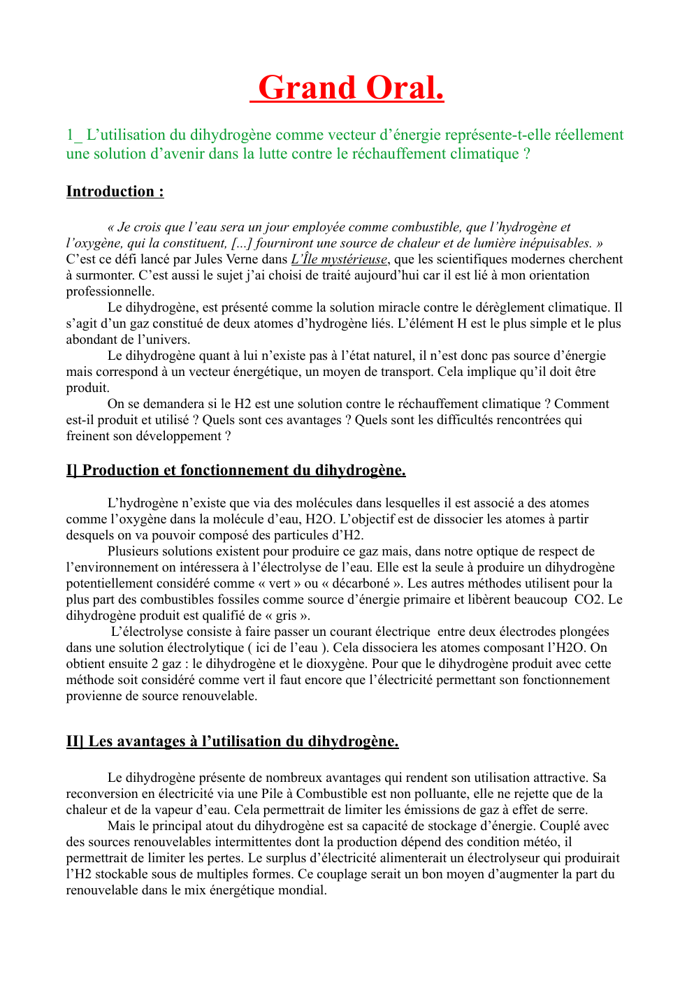 Prévisualisation du document Grand Oral: L’utilisation du dihydrogène comme vecteur d’énergie représente-t-elle réellement une solution d’avenir dans la lutte contre le réchauffement climatique ?