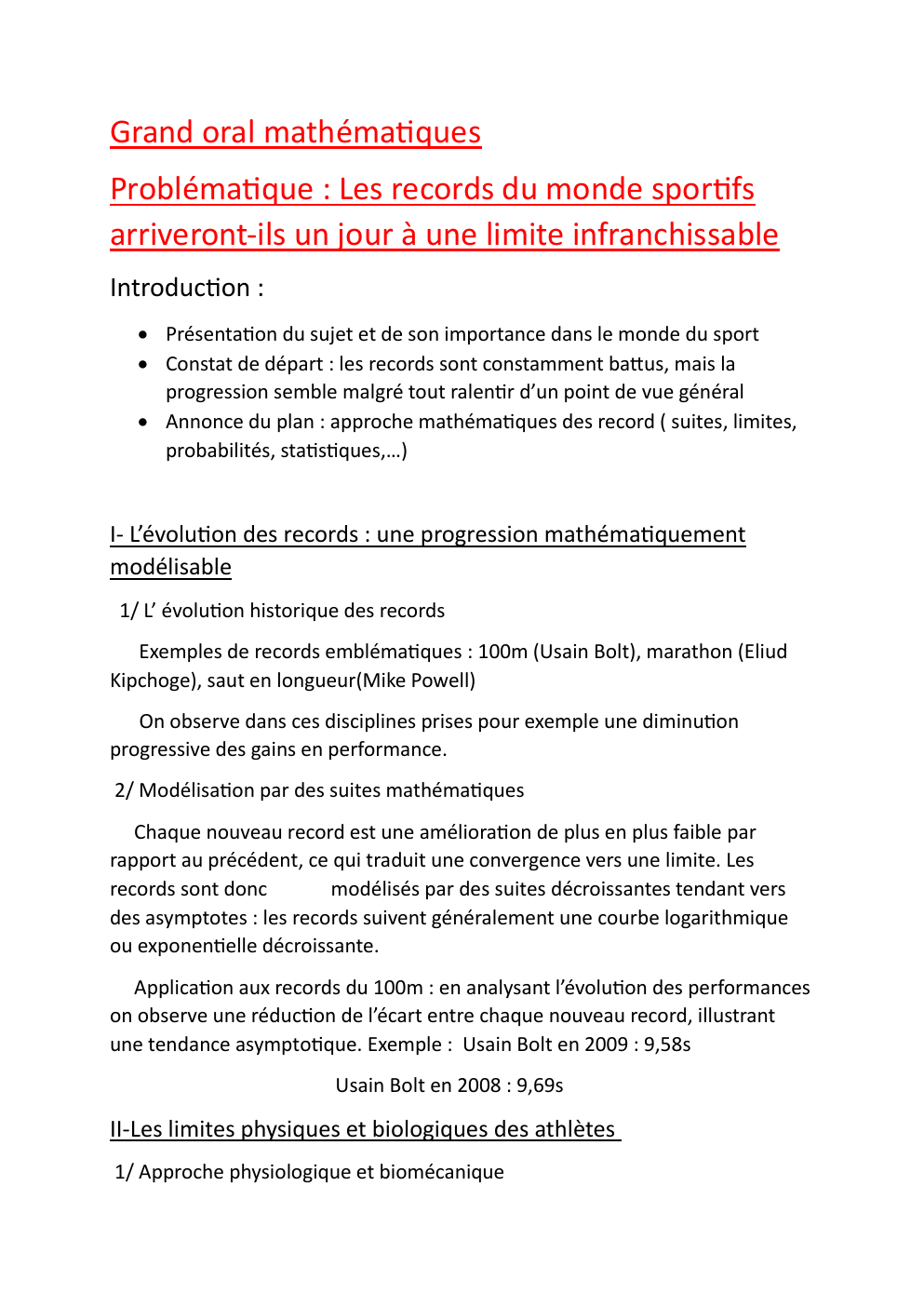 Prévisualisation du document Grand oral mathématiques Problématique : Les records du monde sportifs arriveront-ils un jour à une limite infranchissable
