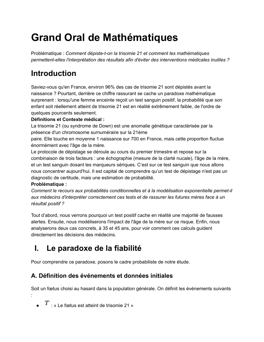 Prévisualisation du document Grand oral Maths : Comment dépiste-t-on la trisomie 21 et comment les mathématiques permettent-elles l'interprétation des résultats afin d'éviter des interventions médicales inutiles ?