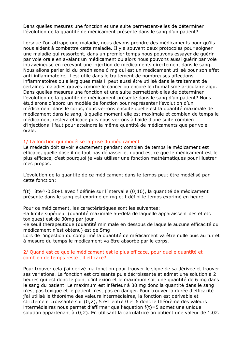 Prévisualisation du document Grand oral maths Dans quelles mesures une fonction et une suite permettent-elles de déterminer l’évolution de la quantité de médicament présente dans le sang d’un patient?