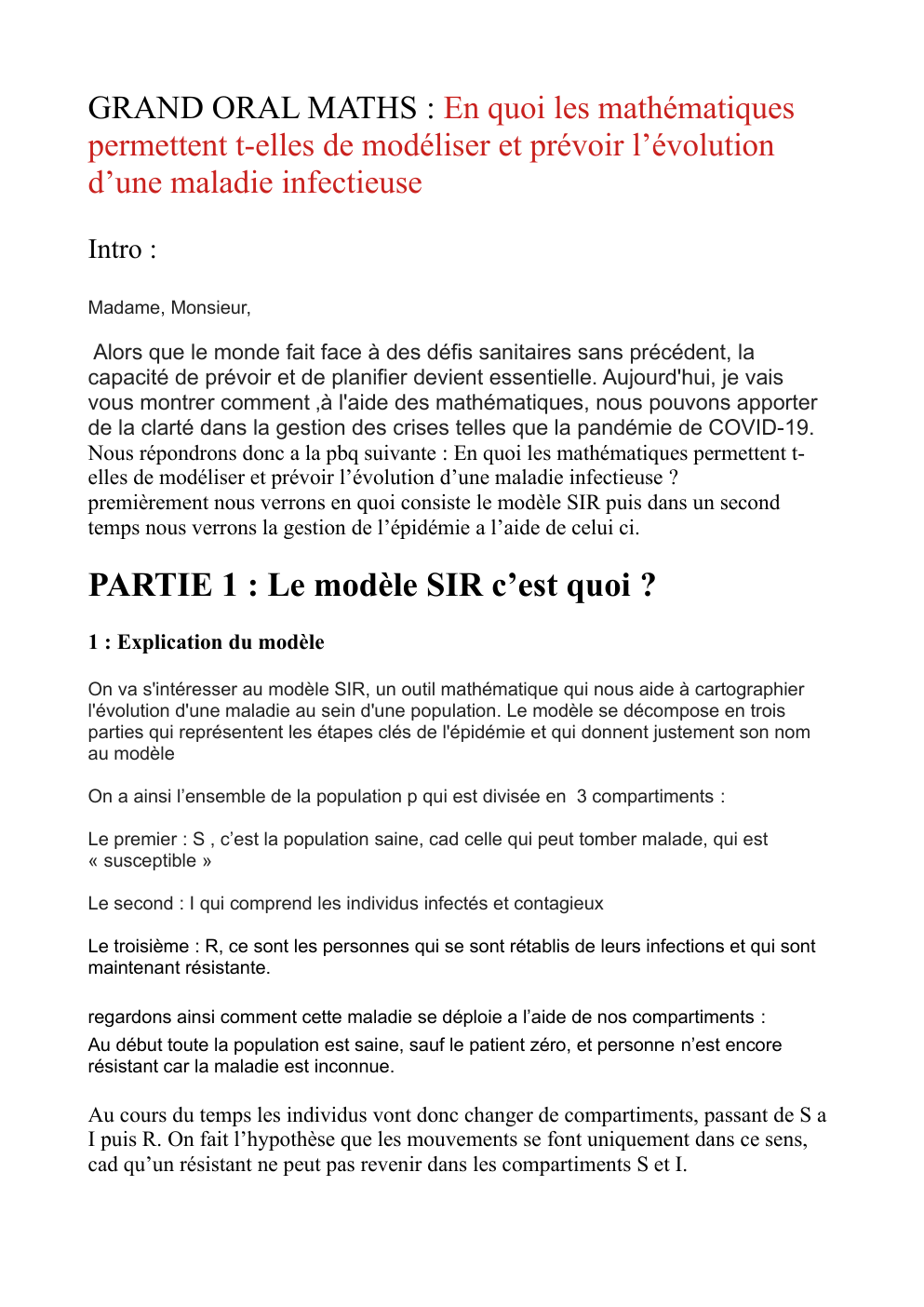 Prévisualisation du document GRAND ORAL MATHS : En quoi les mathématiques permettent t-elles de modéliser et prévoir l’évolution d’une maladie infectieuse