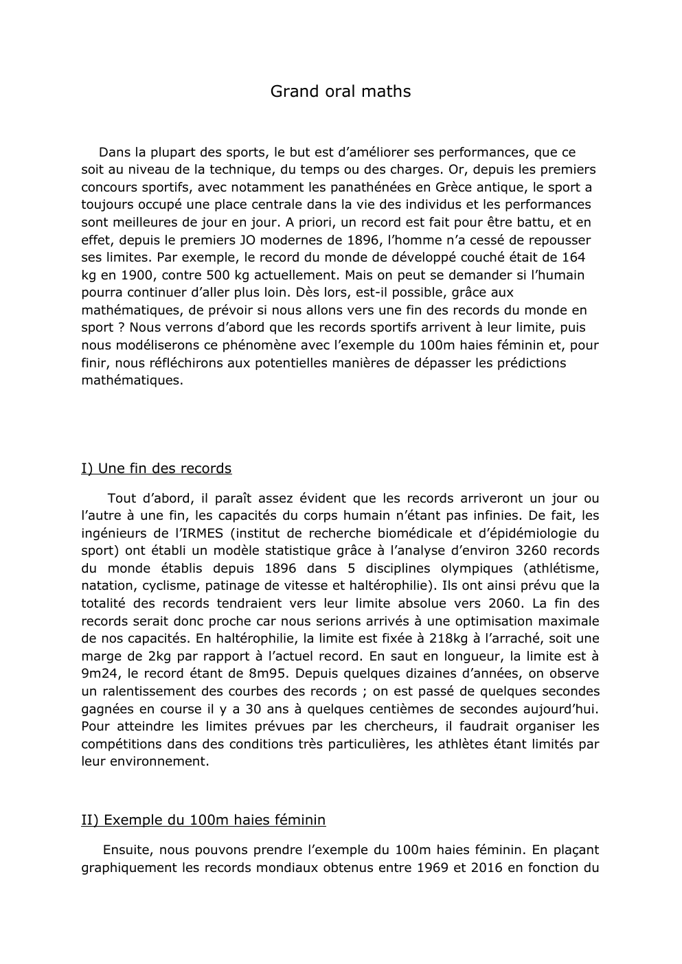 Prévisualisation du document grand oral maths: est-il possible, grâce aux mathématiques, de prévoir si nous allons vers une fin des records du monde en sport ?