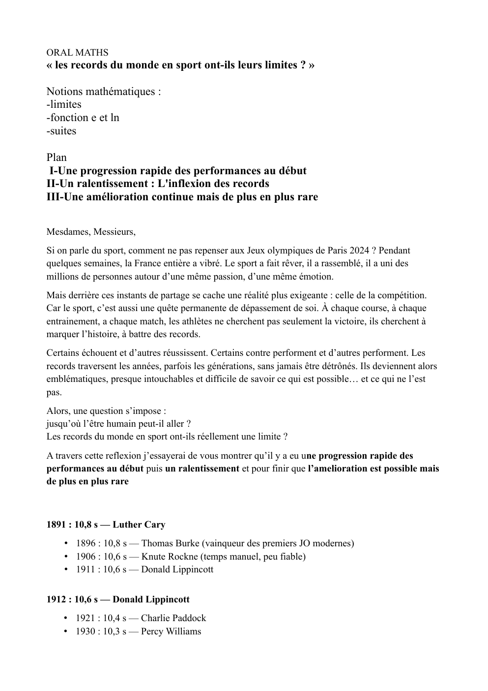 Prévisualisation du document grand oral ORAL MATHS  « les records du monde en sport ont-ils leurs limites ? »