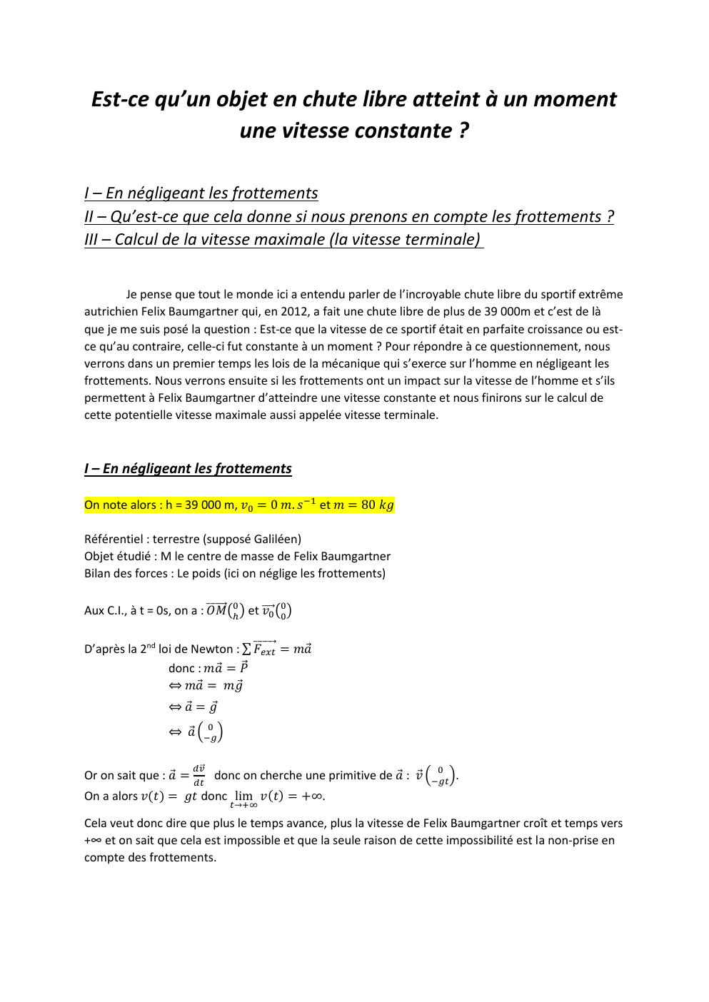 Prévisualisation du document grand oral P-c Est-ce qu’un objet en chute libre atteint à un moment une vitesse constante ?