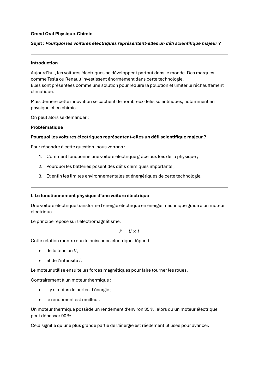 Prévisualisation du document Grand Oral Physique-Chimie Sujet : Pourquoi les voitures électriques représentent-elles un défi scientifique majeur ?