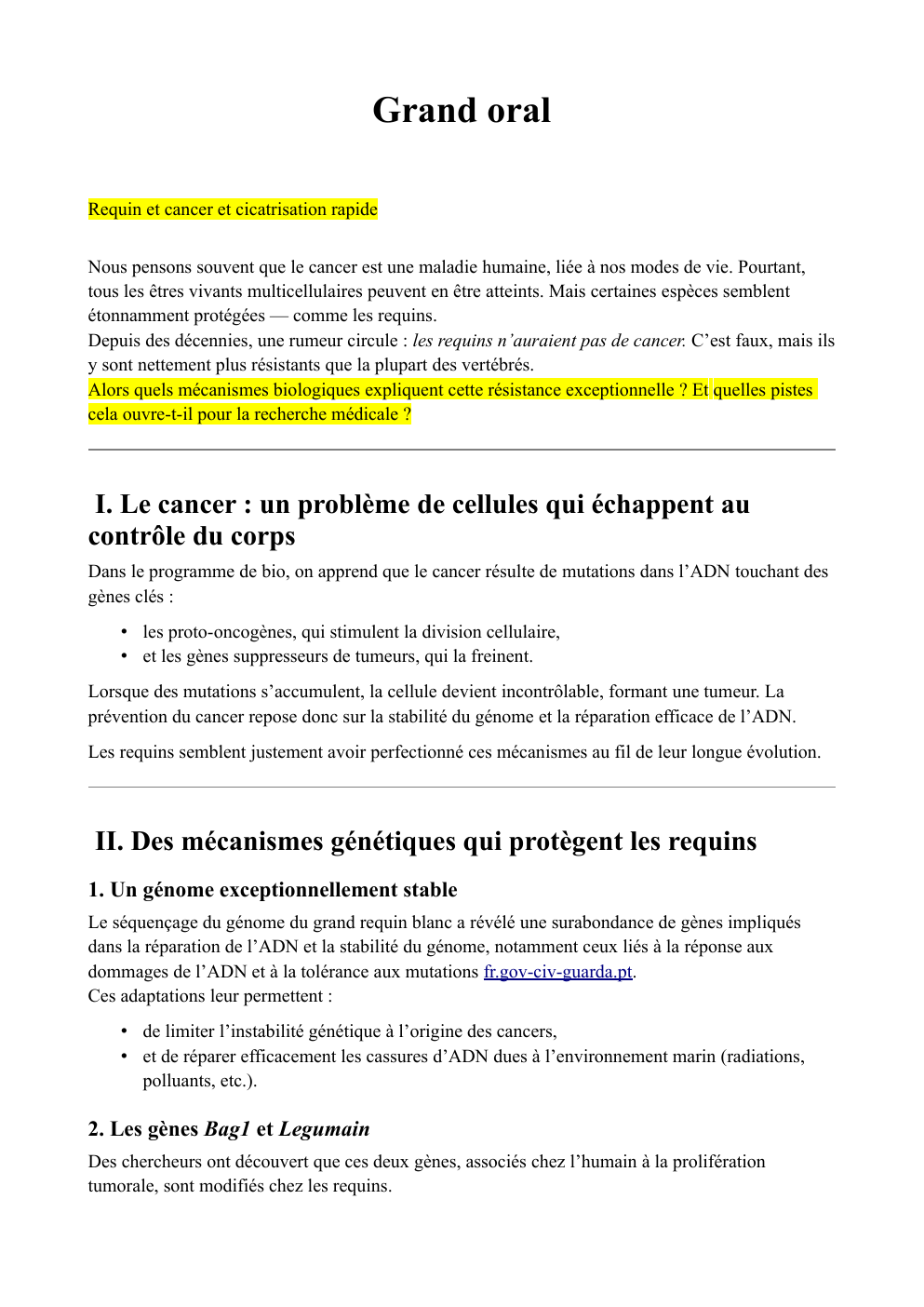 Prévisualisation du document Grand oral Requin et cancer et cicatrisation rapide