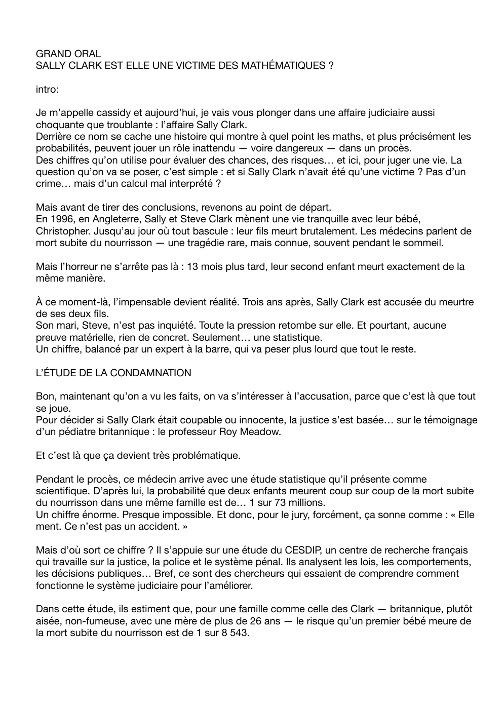 Prévisualisation du document GRAND ORAL SALLY CLARK EST ELLE UNE VICTIME DES MATHÉMATIQUES ?