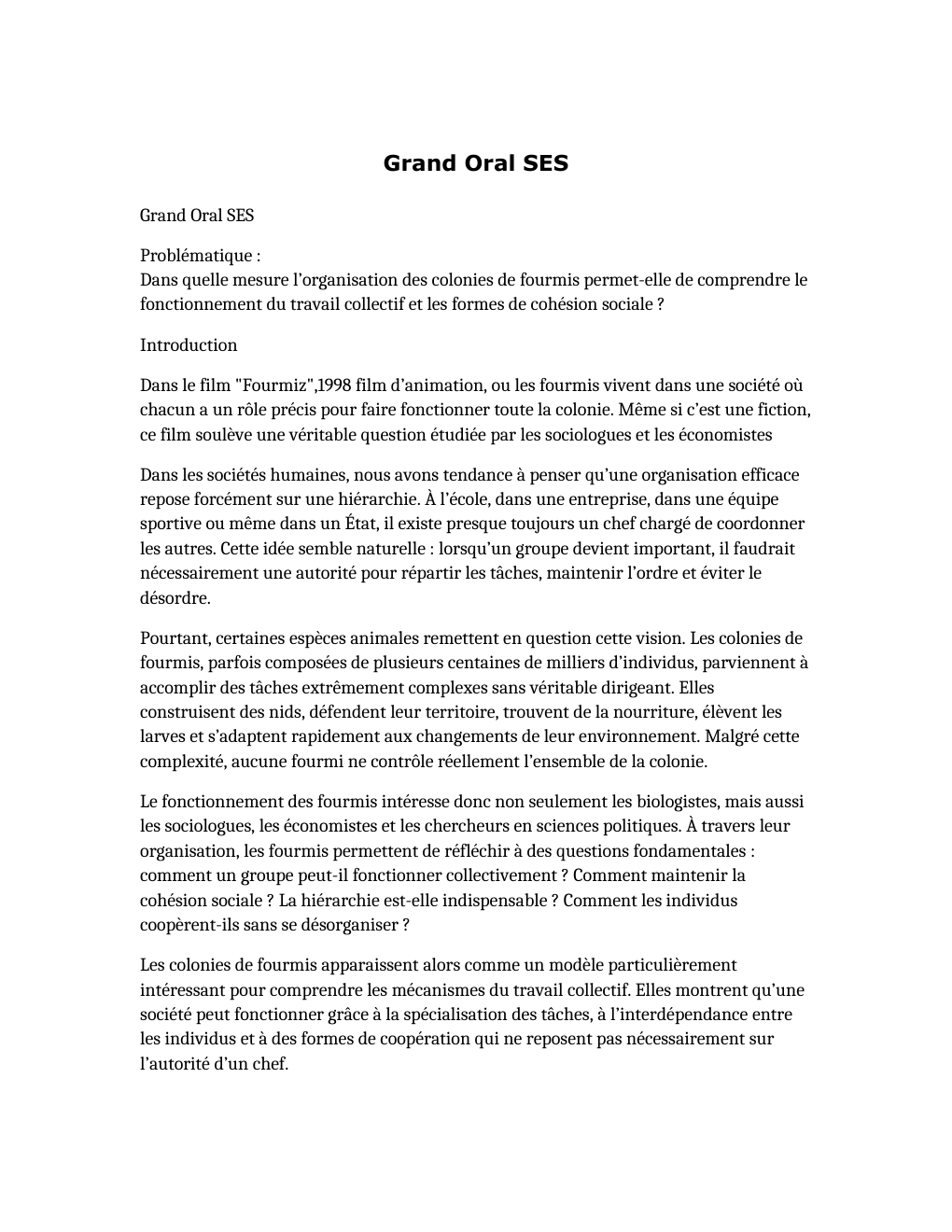 Prévisualisation du document Grand Oral SES : Dans quelle mesure l’organisation des colonies de fourmis permet-elle de comprendre le fonctionnement du travail collectif et les formes de cohésion sociale ?