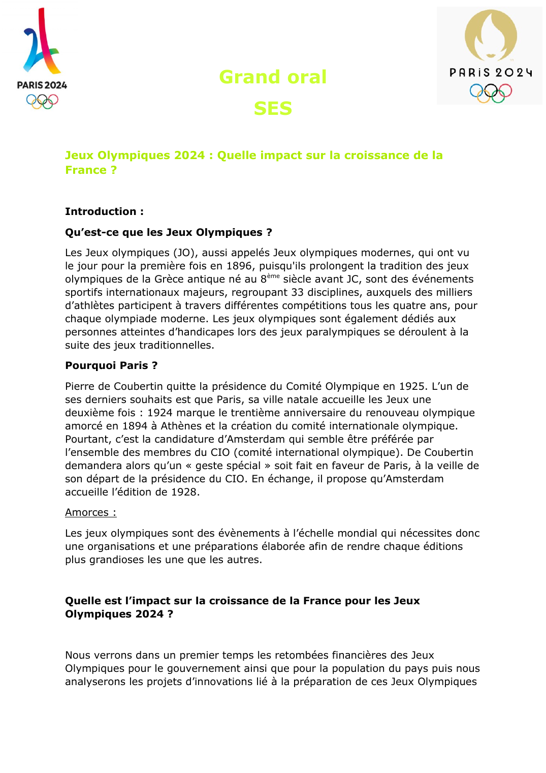 Prévisualisation du document Grand oral SES Jeux Olympiques 2024 : Quelle impact sur la croissance de la France ?