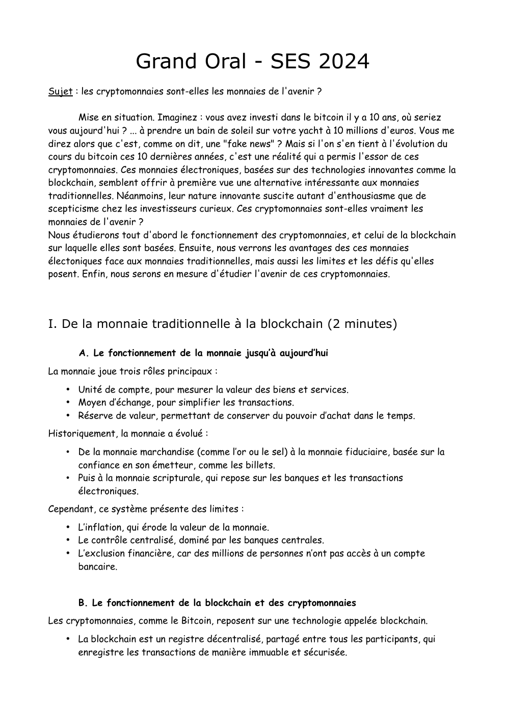 Prévisualisation du document grand oral SES : "Les cryptomonnaies sont-elles les monnaies de l'avenir ?"