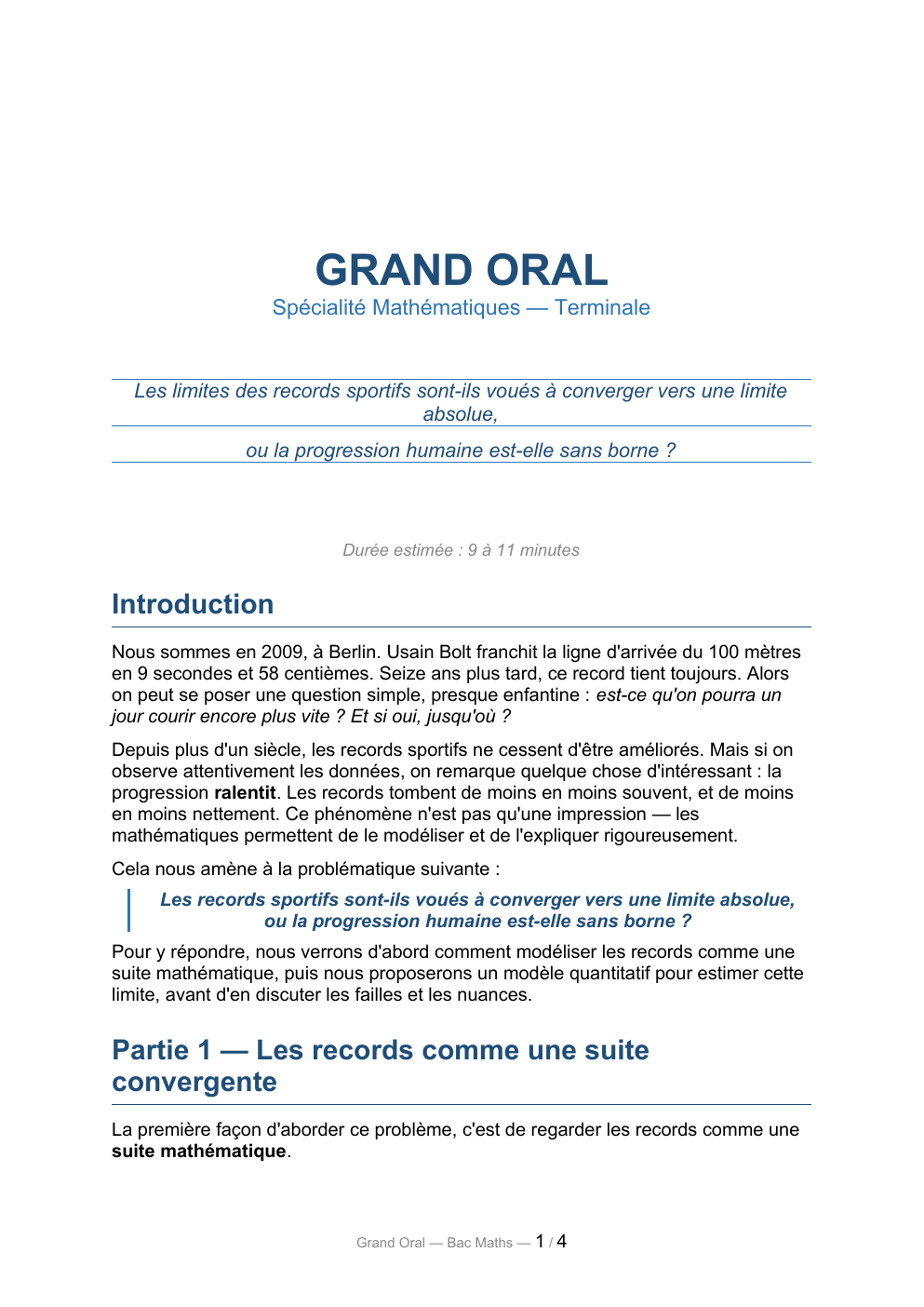 Prévisualisation du document GRAND ORAL  Spécialité Mathématiques — Terminale  Les limites des records sportifs sont-ils voués à converger vers une limite absolue, ou la progression humaine est-elle sans borne ?