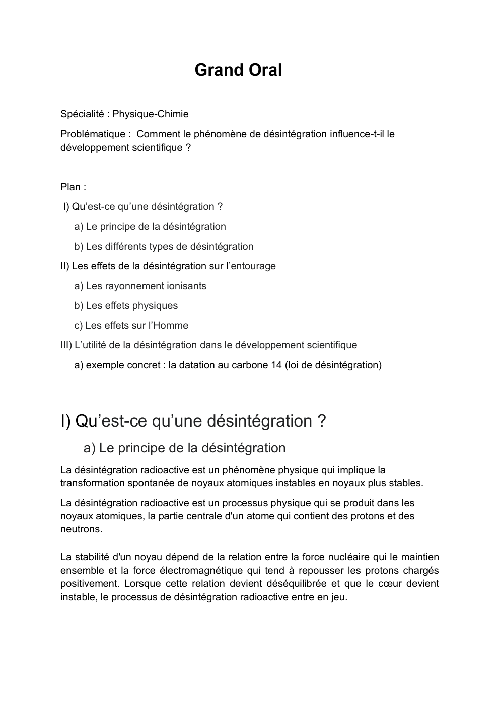 Prévisualisation du document Grand Oral Spécialité : Physique-Chimie Problématique : Comment le phénomène de désintégration influence-t-il le développement scientifique ?