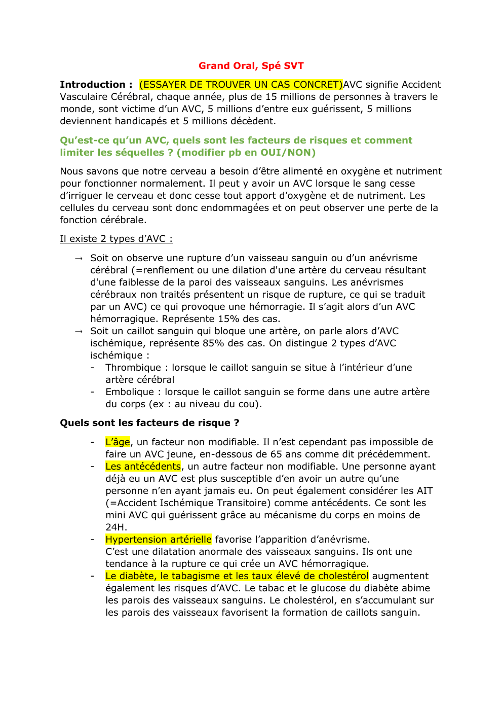 Prévisualisation du document grand oral spécialité SVT: les AVC