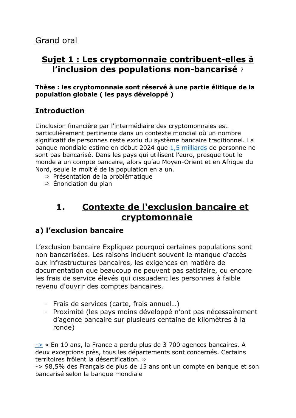 Prévisualisation du document Grand oral Sujet 1 : Les cryptomonnaie contribuent-elles à l’inclusion des populations non-bancarisé ?