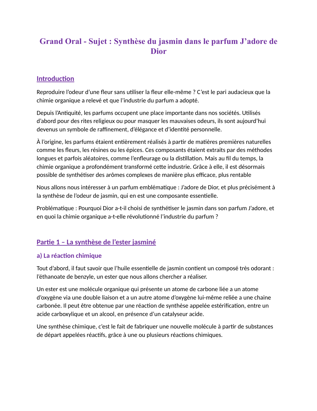Prévisualisation du document Grand Oral - Sujet : Synthèse du jasmin dans le parfum J’adore de Dior