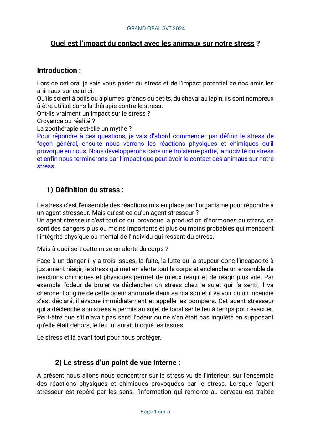 Prévisualisation du document GRAND ORAL SVT 2024  Quel est l’impact du contact avec les animaux sur notre stress ?