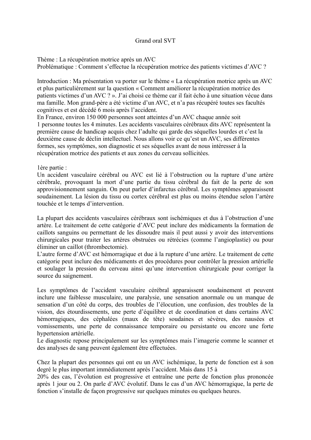 Prévisualisation du document grand oral SVT "comment s'effectue la récupération des patients victimes d'AVC"