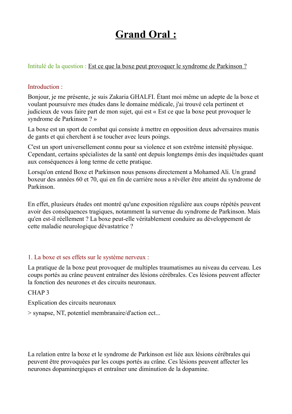 Prévisualisation du document grand oral svt Intitulé de la question : Est ce que la boxe peut provoquer le syndrome de Parkinson ?