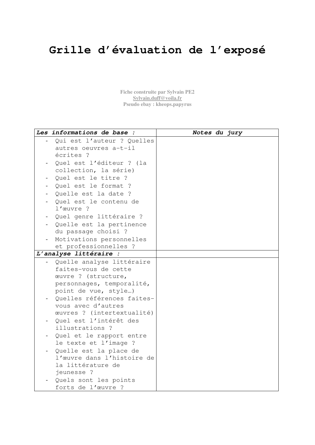 Prévisualisation du document Grille d'évaluation de l'exposéFiche construite par Sylvain PE2Sylvain.