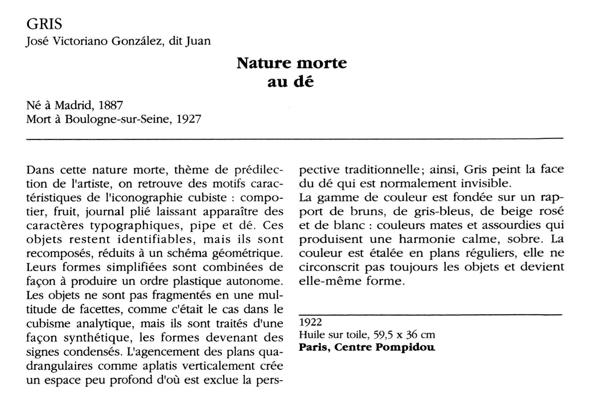 Prévisualisation du document GRIS : Nature morte au dé