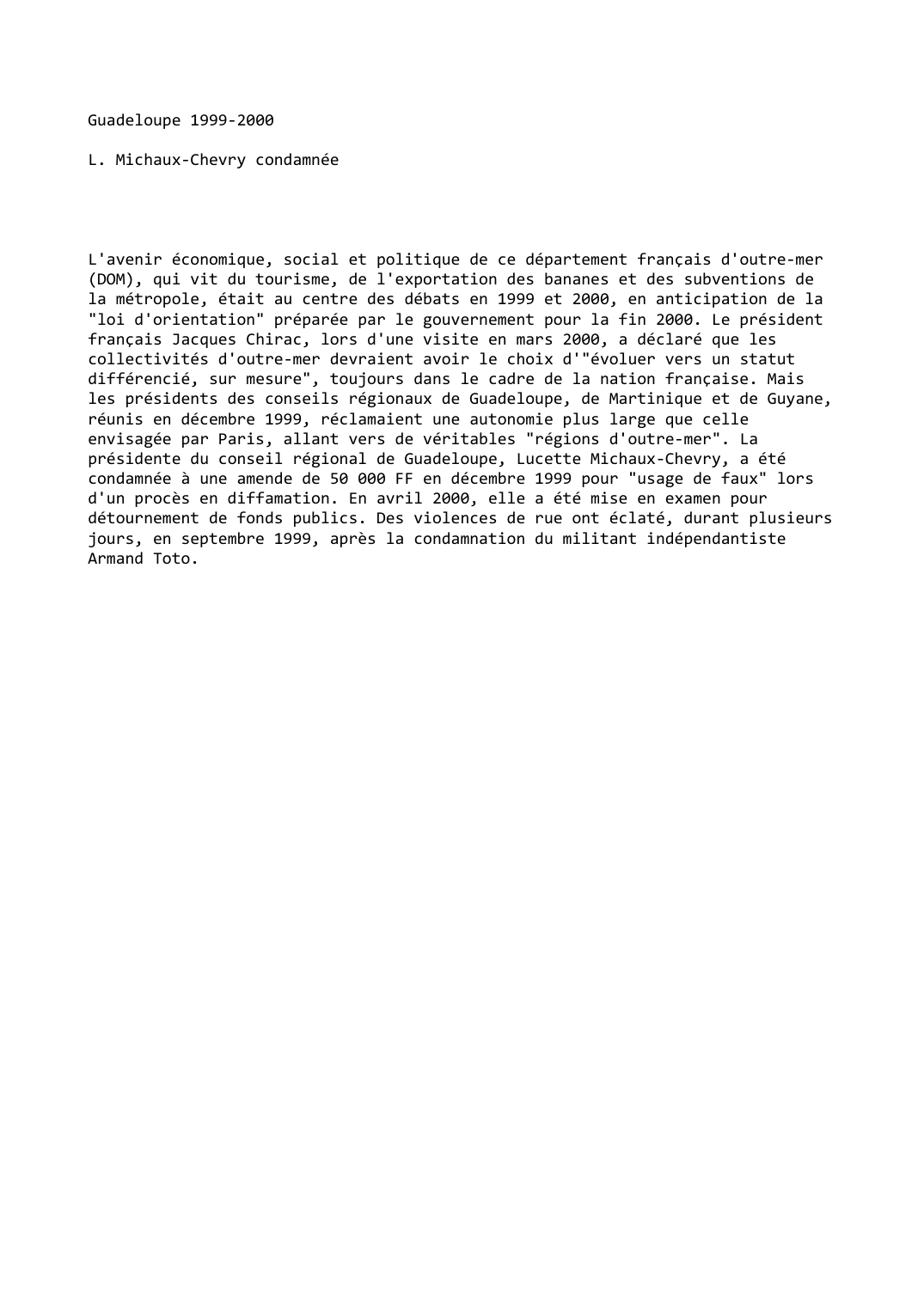Prévisualisation du document Guadeloupe (1999-2000): L. Michaux-Chevry condamnée