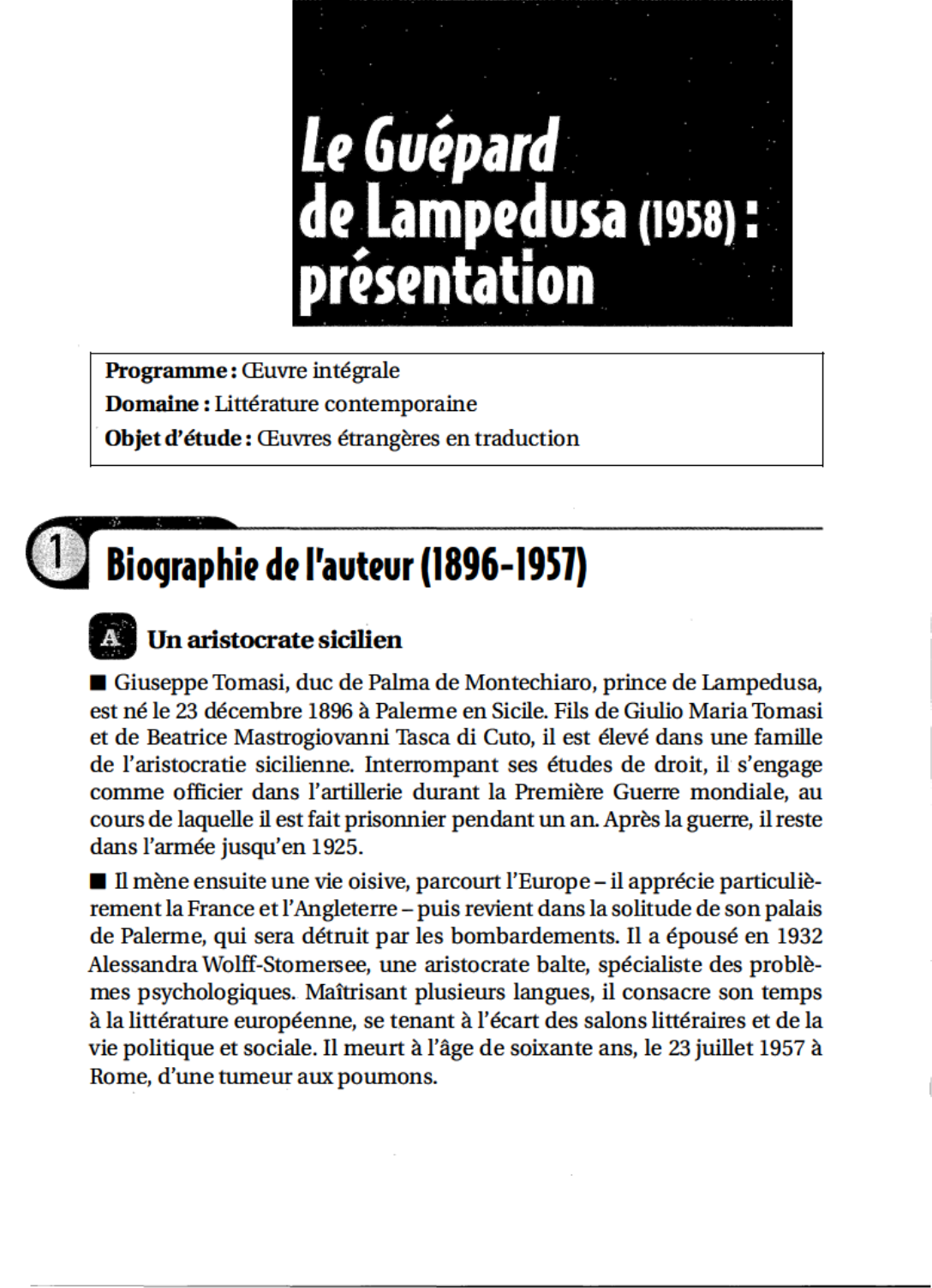 Prévisualisation du document Guépard, le [Giuseppe Tomasi di Lampedusa] - Fiche de lecture.