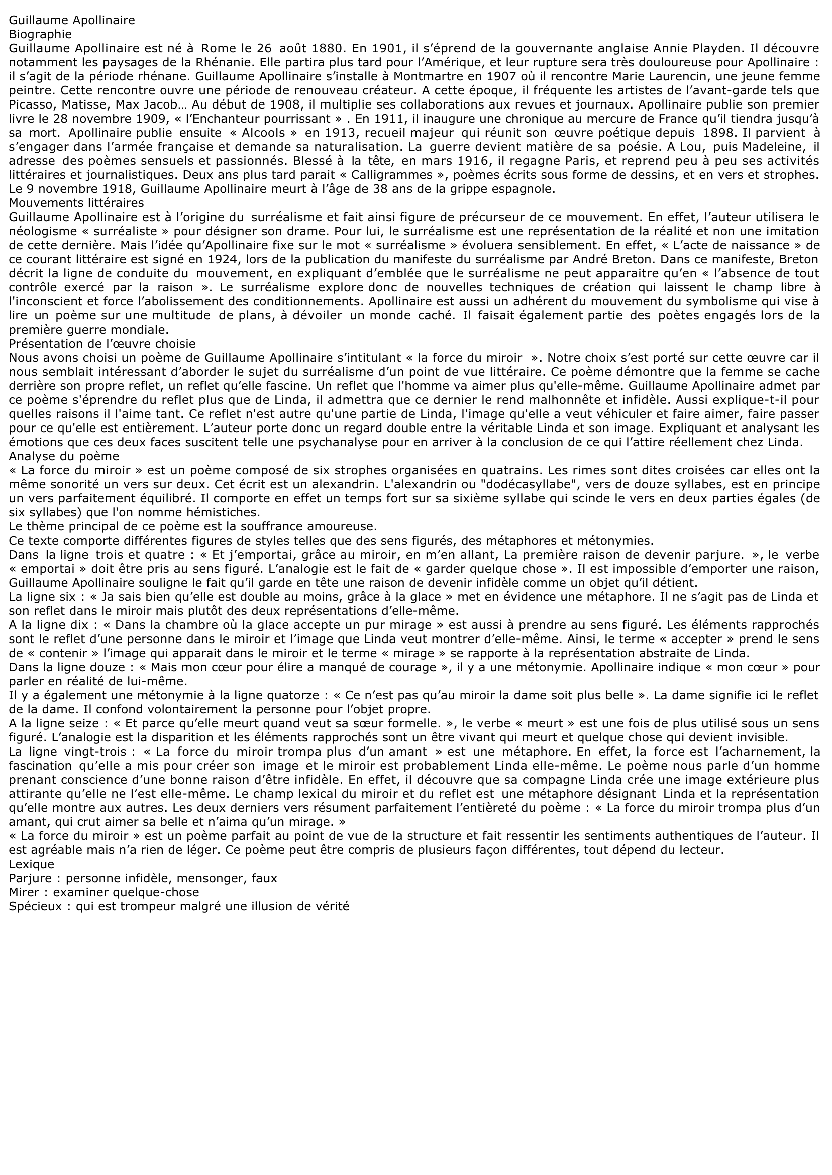 Prévisualisation du document Guillaume Apollinaire - La Force Du Miroir