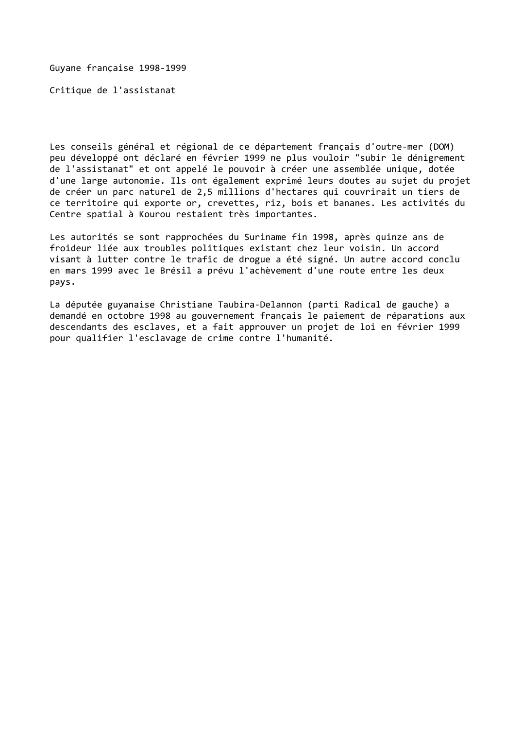 Prévisualisation du document Guyane française (1998-1999): Critique de l'assistanat