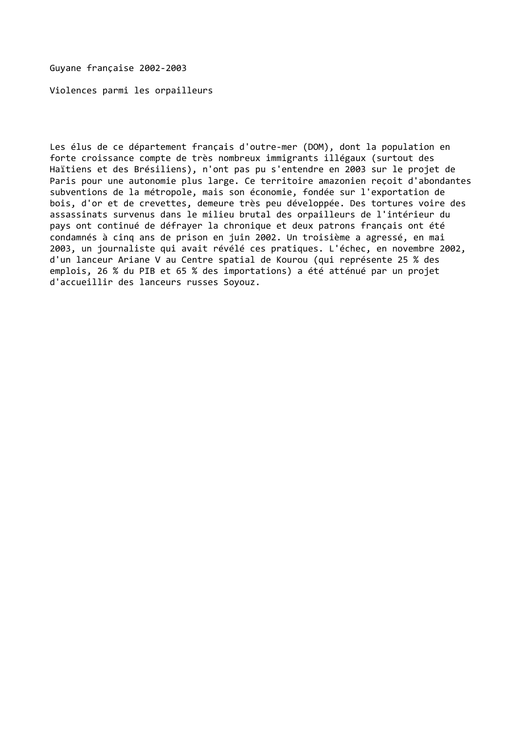Prévisualisation du document Guyane française (2002-2003): Violences parmi les orpailleurs
