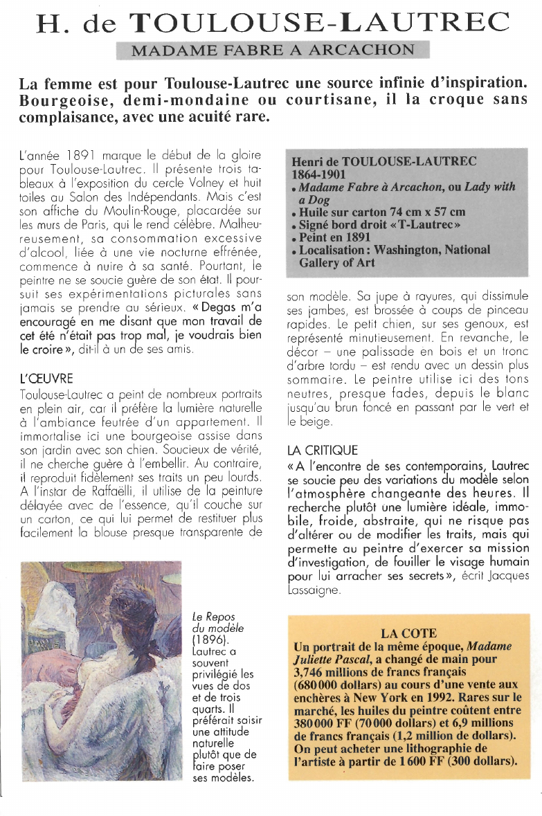Prévisualisation du document H. de TOULOUSE-LAUTREC:MADAME FABRE A ARCACHON.La femme est pour Toulouse-Lautrec