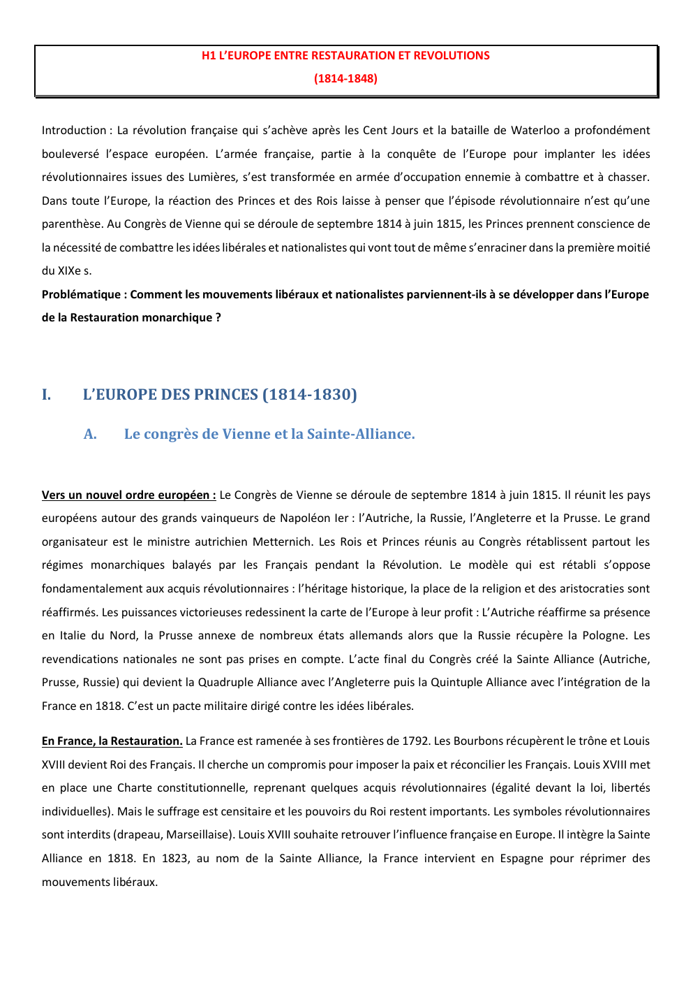 Prévisualisation du document H1 L’EUROPE ENTRE RESTAURATION ET REVOLUTIONS (1814-1848)